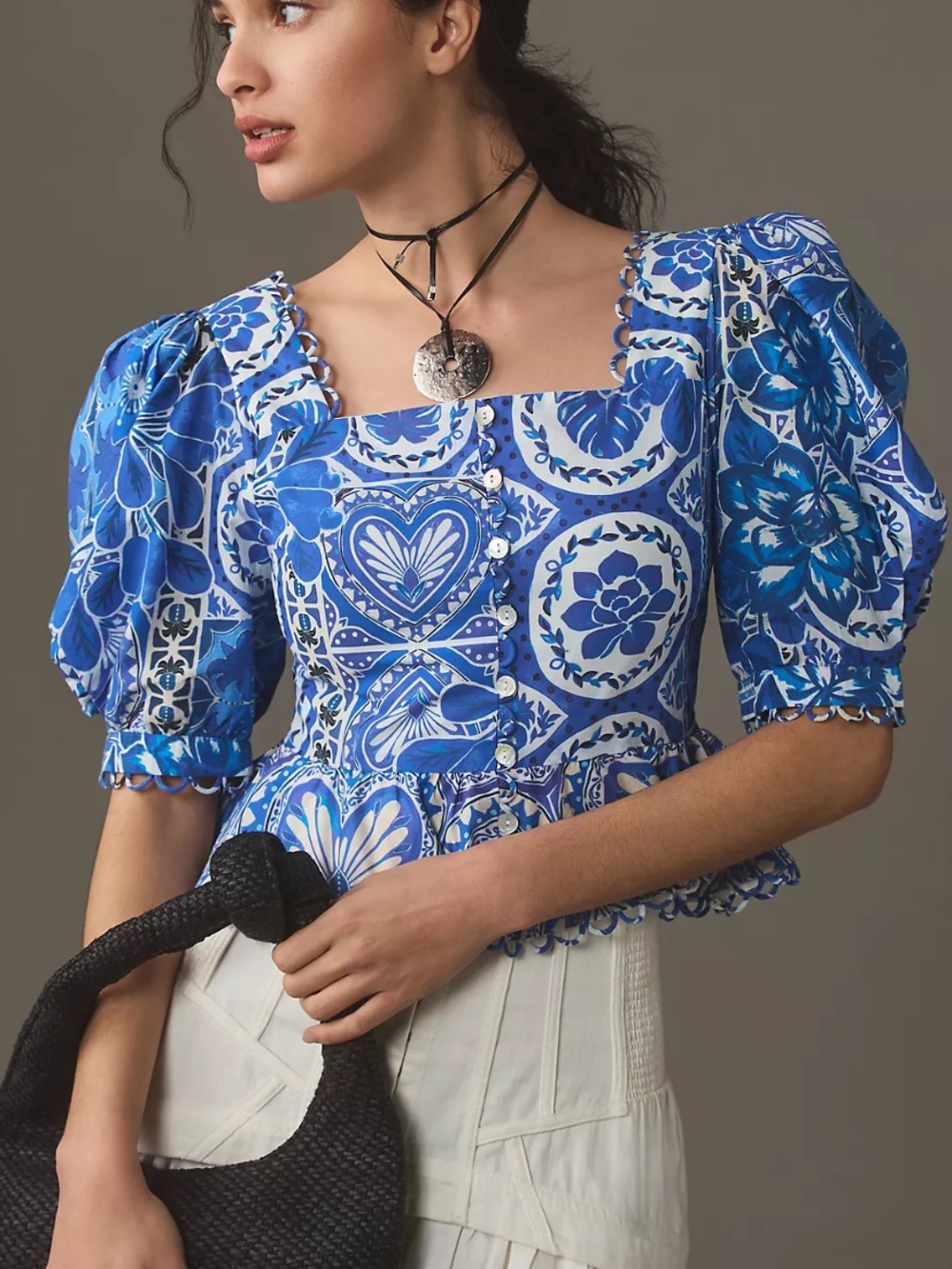 NWT FARM Rio Blue and White Tile Dream Short Sleeve Blouse